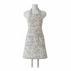 Vintage Floral Apron Pink Roses Green Trim, Cottagecore Kitchen Apron with